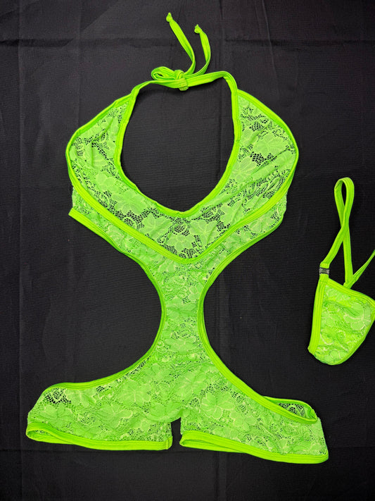 Neon Green Lace One-Piece Lingerie Outfit