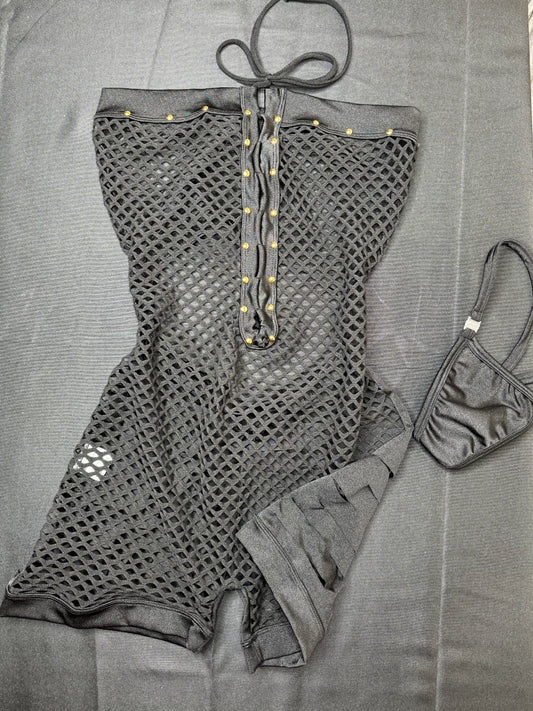 Black Fishnet/Ripped Back One-Piece Exotic Dancer Outfit