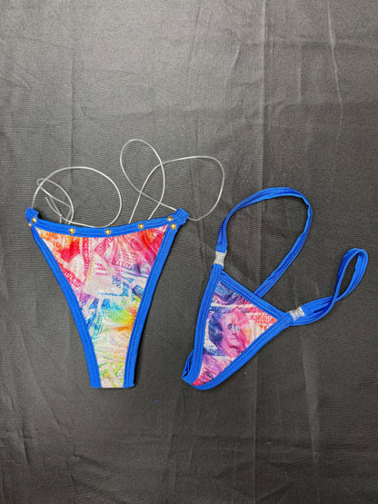 Holographic Money Print/Royal Blue Spandex Two-Piece Lingerie Outfit