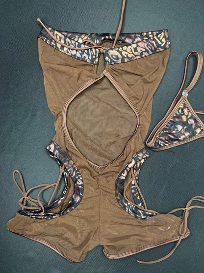 Cheetah Animal Print Spandex/Chocolate Mesh One-Piece Lingerie Outfit