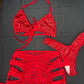 Metallic Red Spandex Three-Piece Bikini/Shorts/Cheeky Thong Lingerie Outfit