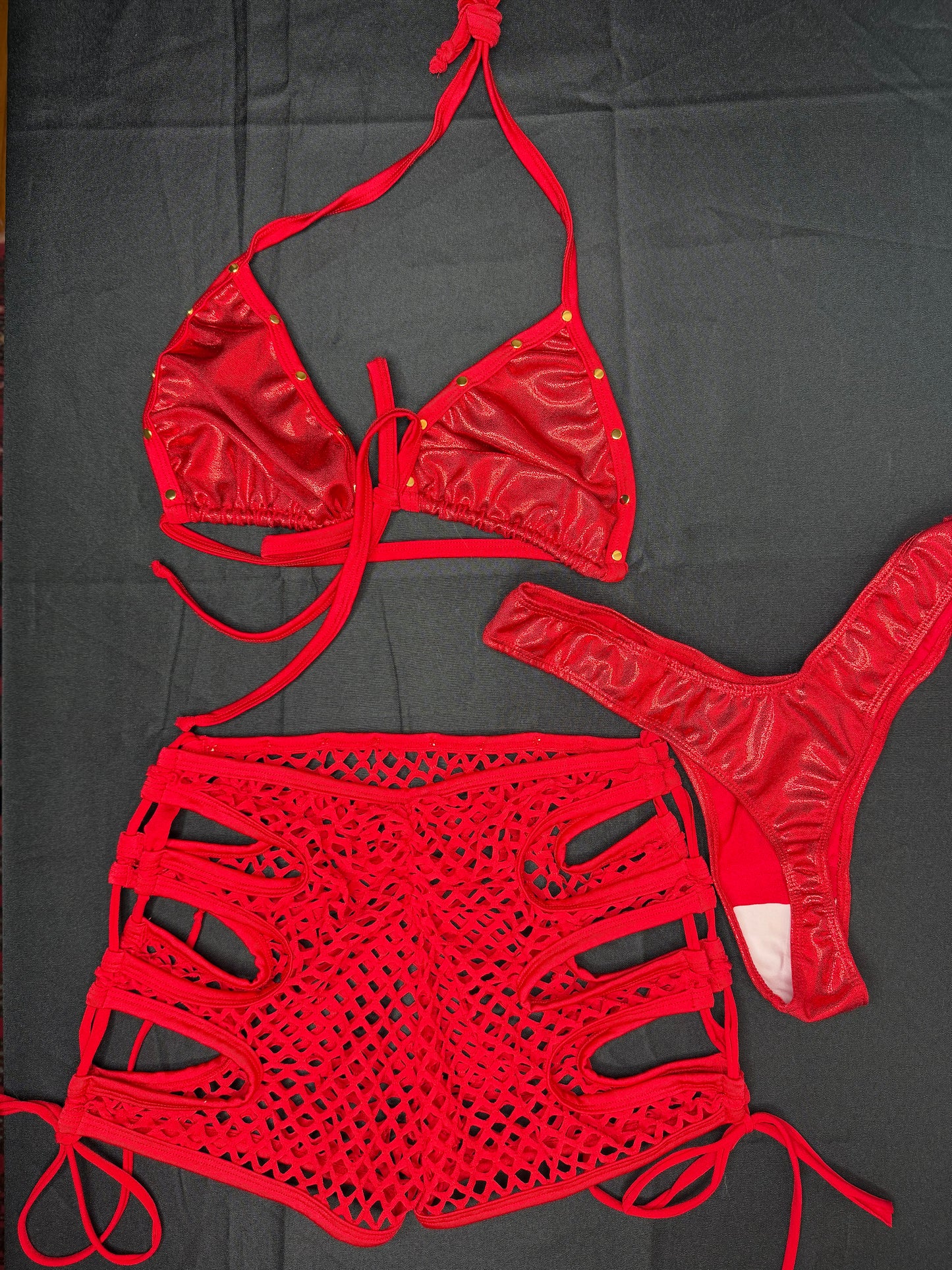 Metallic Red Spandex Three-Piece Bikini/Shorts/Cheeky Thong Lingerie Outfit