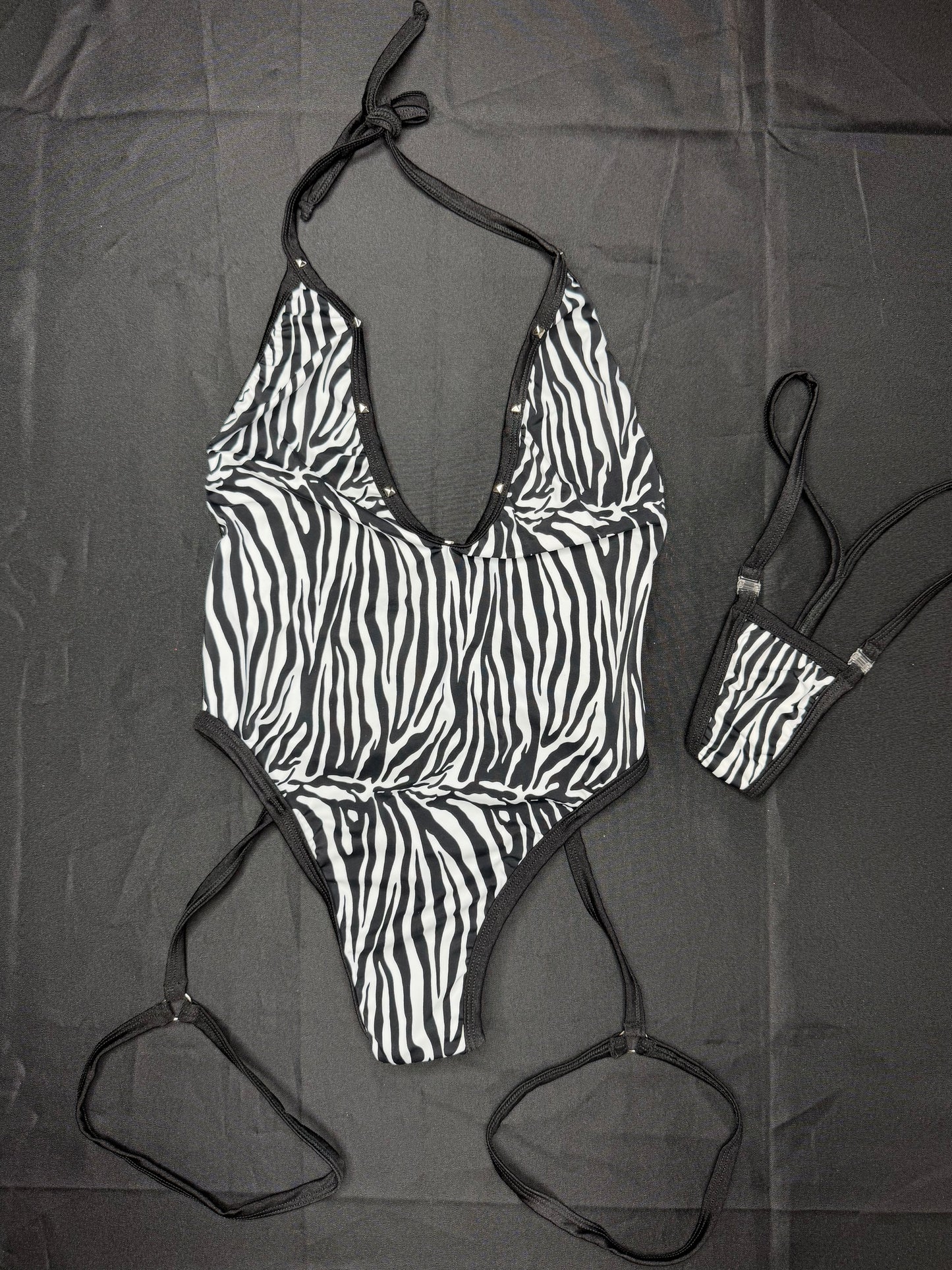 Zebra Spandex One-Piece Lingerie Outfit with Garters