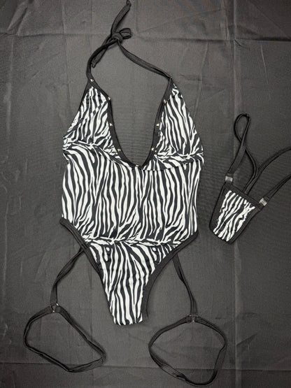 Zebra Spandex One-Piece Lingerie Outfit with Garters
