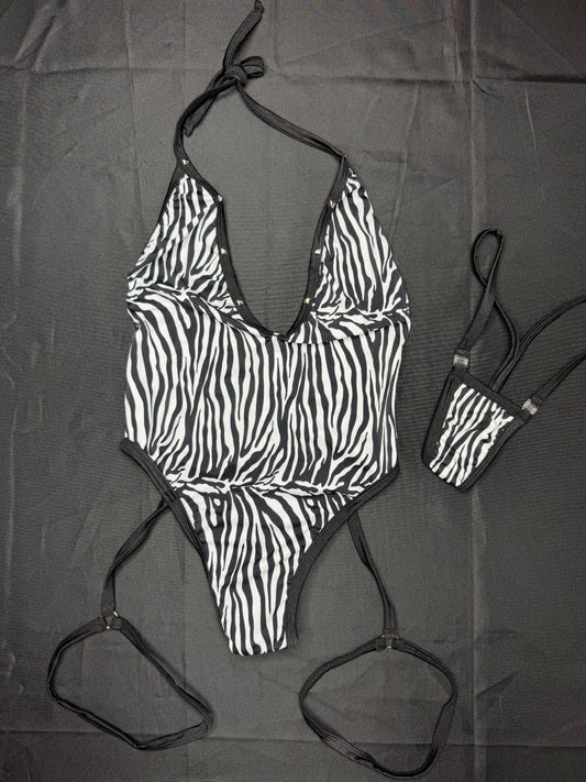 Zebra Spandex One-Piece Lingerie Outfit with Garters