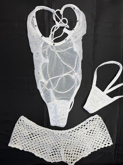 White Sparkle Mesh Three-Piece With White Fishnet Spandex Shorts Lingerie Outfit