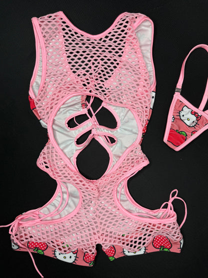 Pink Kitty Sleeveless Romper One-Piece Lingerie Outfit