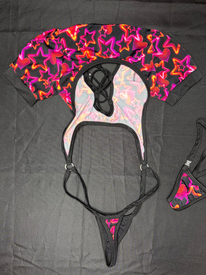 Star Print/Black Spandex Short Sleeve Sling-Shot One-Piece Lingerie Outfit
