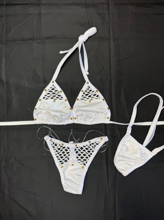 Metallic White/White Spandex Two-Piece Bikini Lingerie Outfit