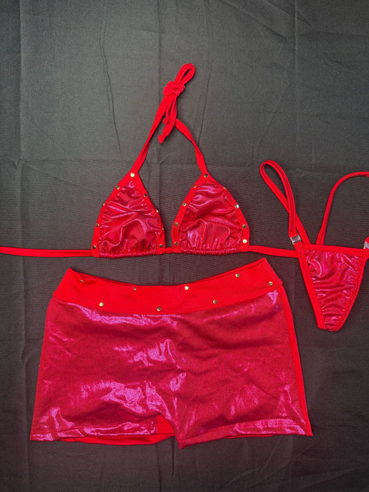 Metallic Cherry Red Bikini Top/Shorts Two-Piece Lingerie Outfit