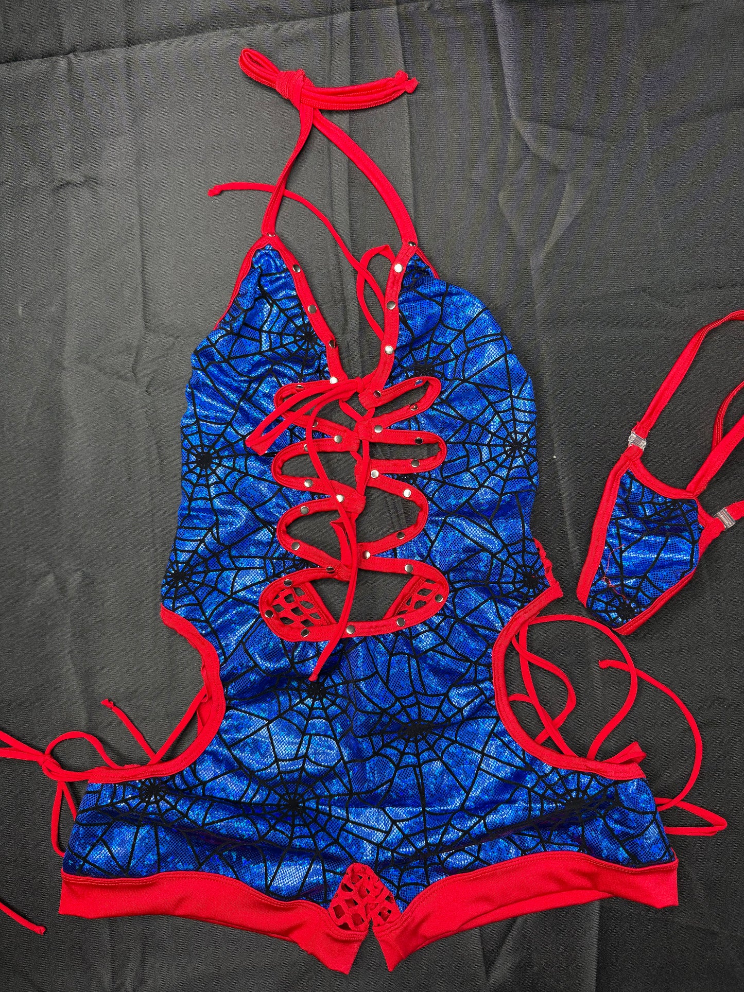 Royal Blue Web/Red Spandex Romper Lingerie Outfit
