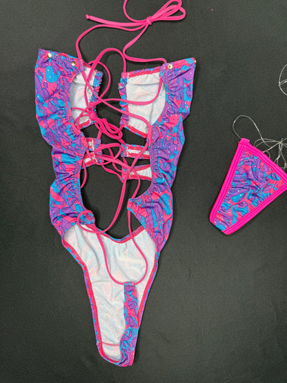 Purple/Blue Spandex One-Piece Lingerie Outfit