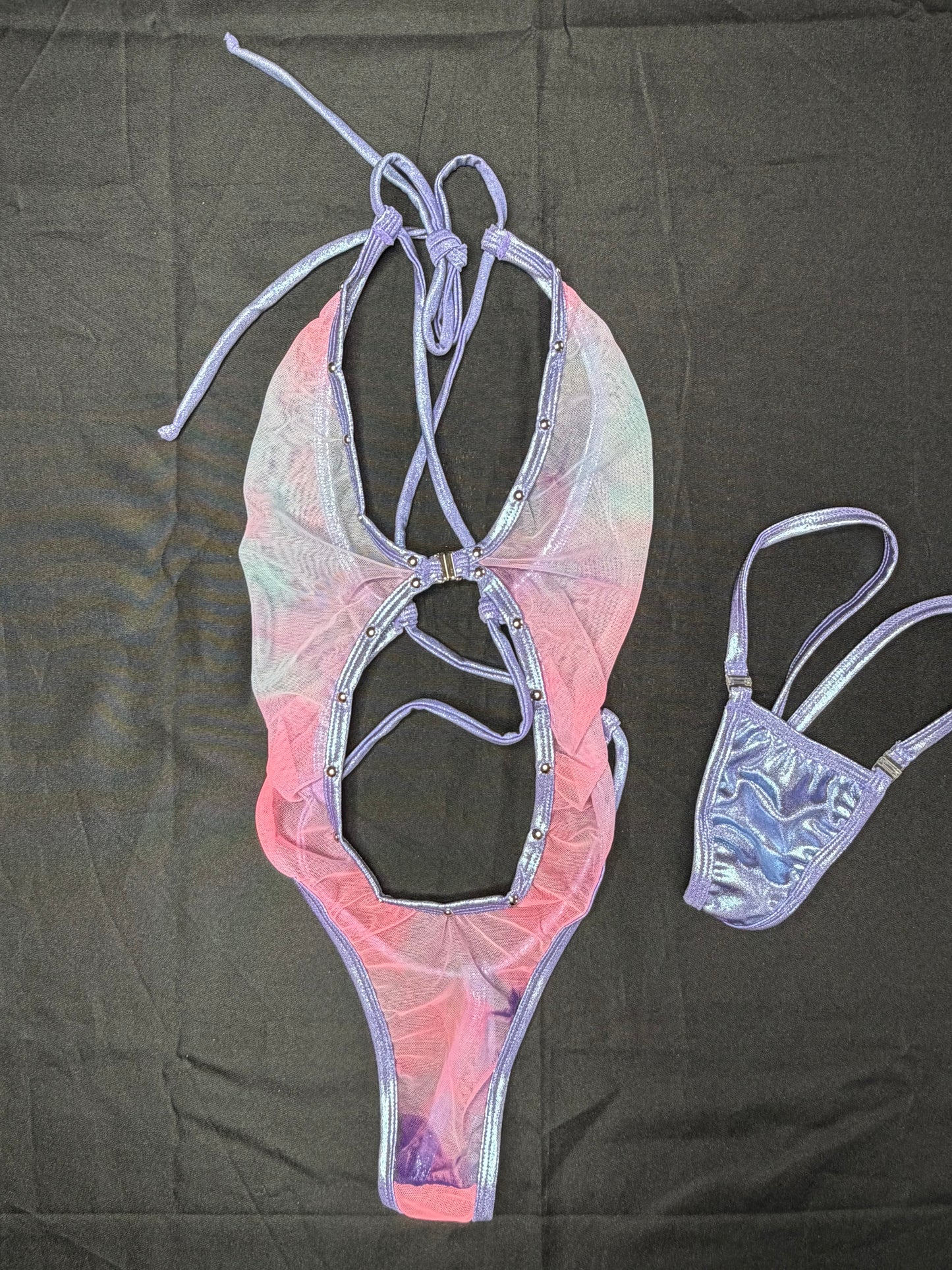Metallic Lavender Spandex/Pink Ombre Mesh One-Piece Lingerie Outfit