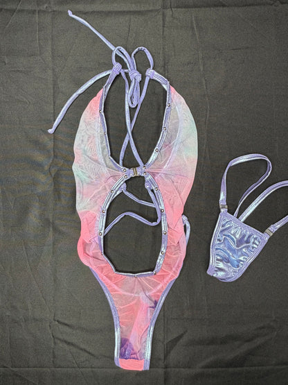 Metallic Lavender Spandex/Pink Ombre Mesh One-Piece Lingerie Outfit