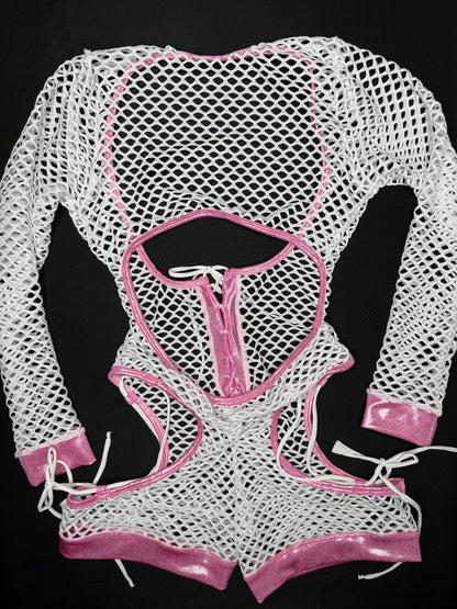 Pink Microdot Spandex/White Fishnet Romper/Bikini Top One-Piece Lingerie Outfit
