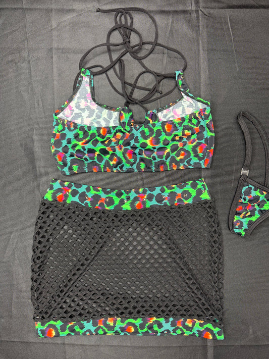 Green Animal Print Sports Bra/Black Fishnet Skirt Two-Piece Skirt Lingerie Outfit