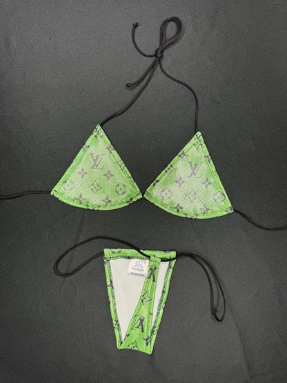 Lime Green Spandex Two-Piece Micro Bikini Lingerie Outfit