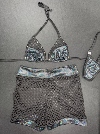 Metallic Black Spandex/Black Fishnet Shorts Two-Piece Lingerie Outfit