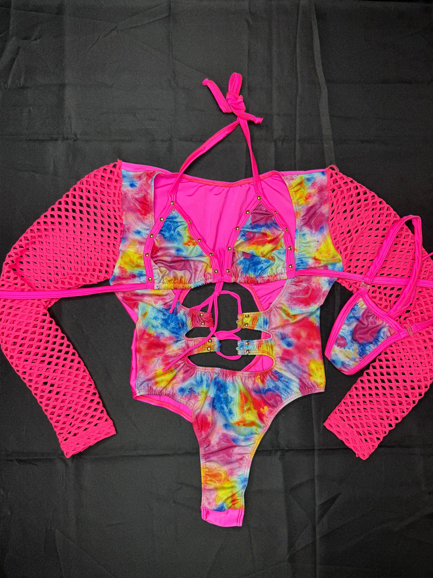 Hot Pink/Metallic Rainbow Spandex Leotard Lingerie Outfit