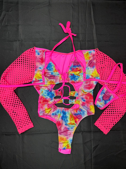 Hot Pink/Metallic Rainbow Spandex Leotard Lingerie Outfit