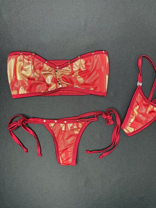 Burgundy/Gold Spandex Tube Top/Side Tie Bikini Bottoms Lingerie Outfit