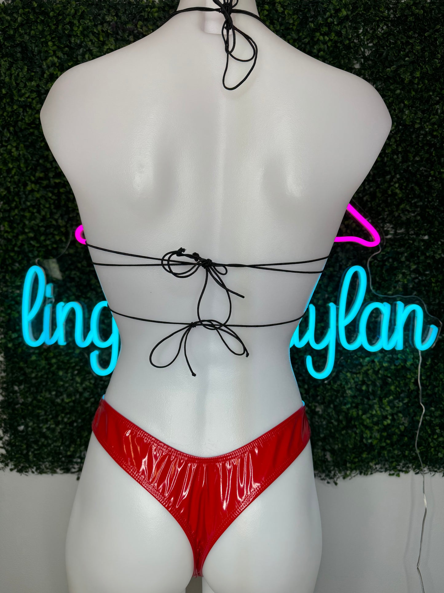 Red Latex Two-Piece Bikini Lingerie Outfit