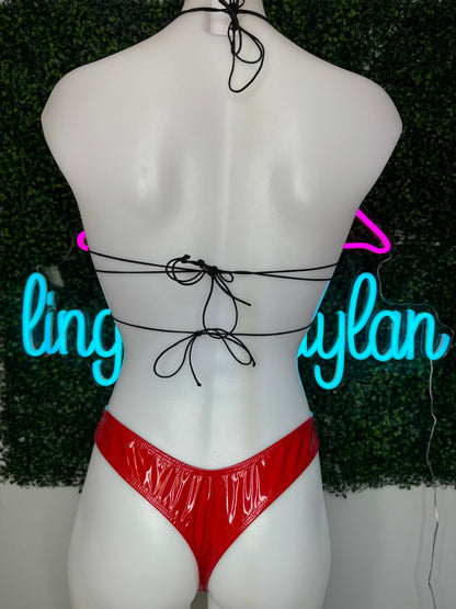 Red Latex Two-Piece Bikini Lingerie Outfit