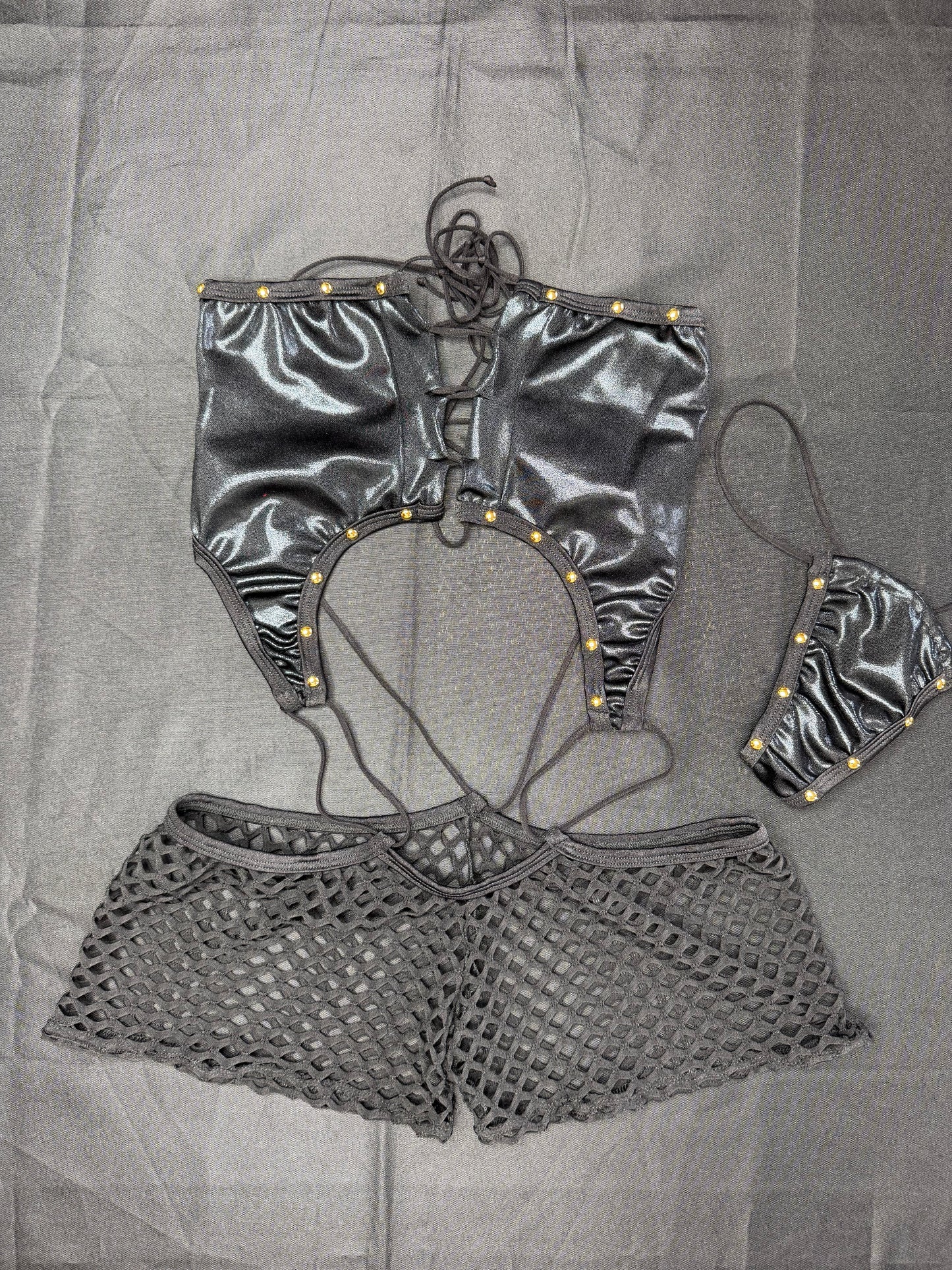 Metallic Black/Black Fishnet Spandex One-Piece Lingerie Outfit