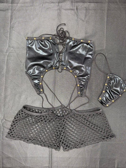 Metallic Black/Black Fishnet Spandex One-Piece Lingerie Outfit