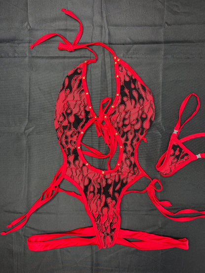 Red Flame Mesh One-Piece Lingerie Outfit