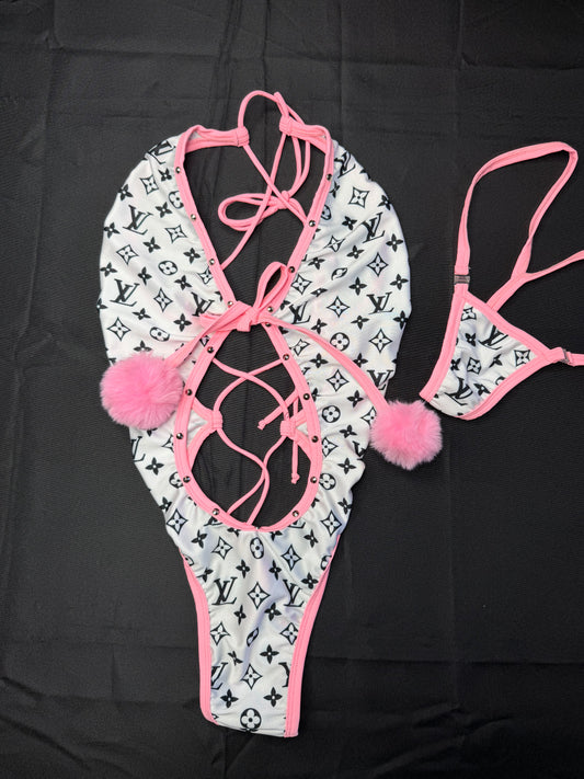 White Designer/Baby Pink Spandex One-Piece Pom Poms Lingerie Outfit