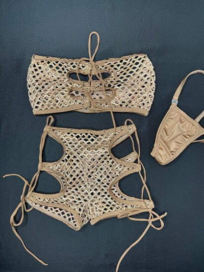 Gold Fishnet/Beige Tube Top/Shorts Two-Piece Lingerie Outfit
