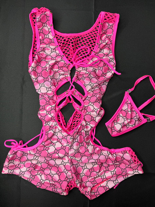 Hot Pink Camouflage One-Piece Exotic Dancer Outfit