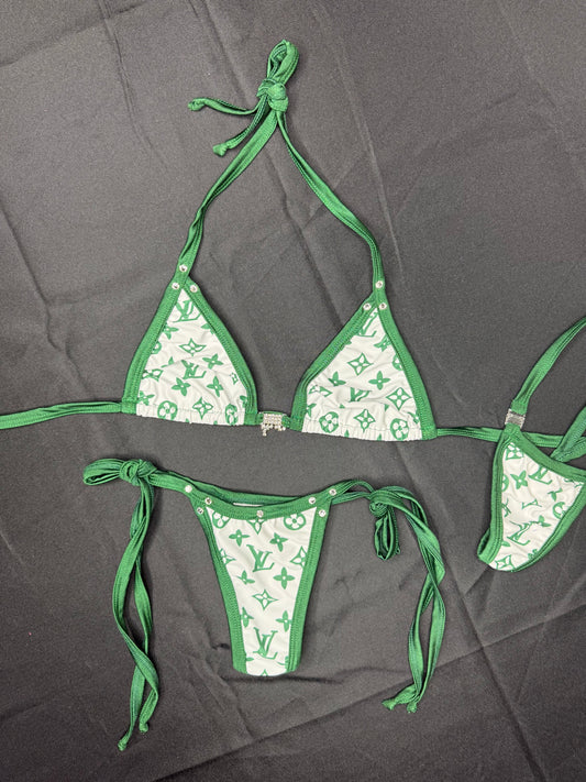 Designer Green/White Spandex Two-Piece Bikini Lingerie Outfit