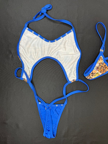 Animal Print/Blue Spandex Sling-Shot One-Piece Lingerie Outfit