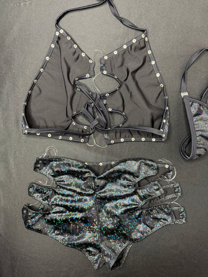 Metallic Black Spandex Sports Bra/Shorts Two-Piece Lingerie Outfit