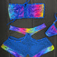 Royal Blue Fishnet Animal Holographic Print Rainbow Spandex Two-Piece Shorts/Tube Top Lingerie Outfit