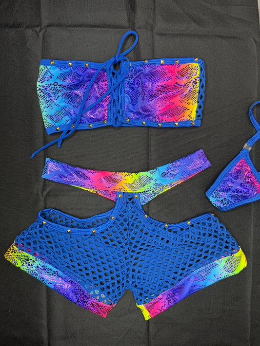 Royal Blue Fishnet Animal Holographic Print Rainbow Spandex Two-Piece Shorts/Tube Top Lingerie Outfit