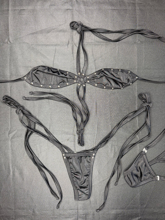 Black Spandex Sling-Shot Two-Piece Lingerie Outfit
