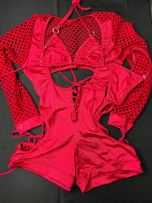 Red Spandex/Fishnet Long Sleeve Bartender Outfit