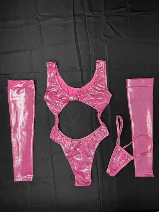 Metallic Pink One-Piece/Sleeves Lingerie Outfit