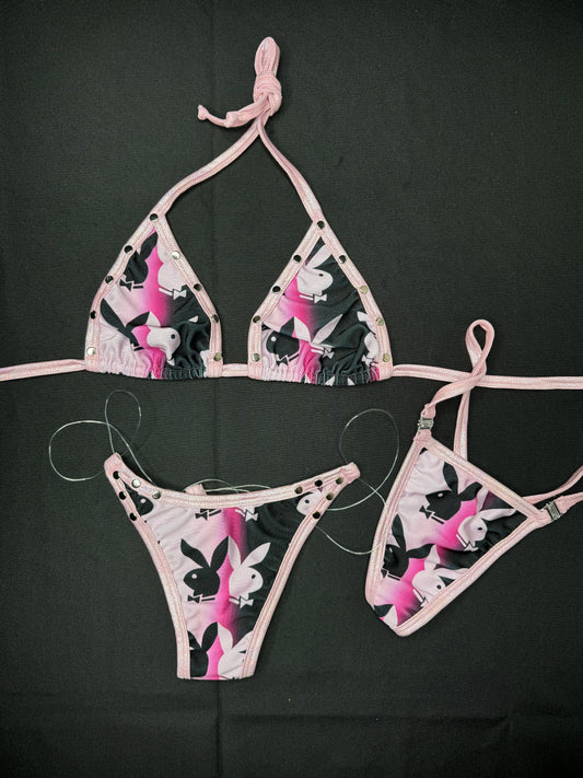 Baby Pink/Black Bunny Two-Piece Bikini Exotic Dancer Outfit