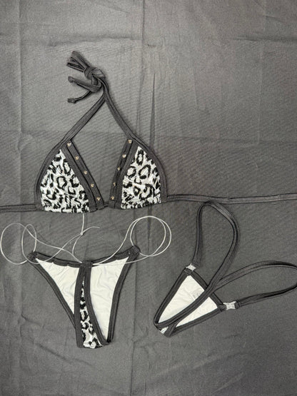 Silver/Black Leopard Animal Print Spandex Two-Piece Bikini Lingerie Outfit