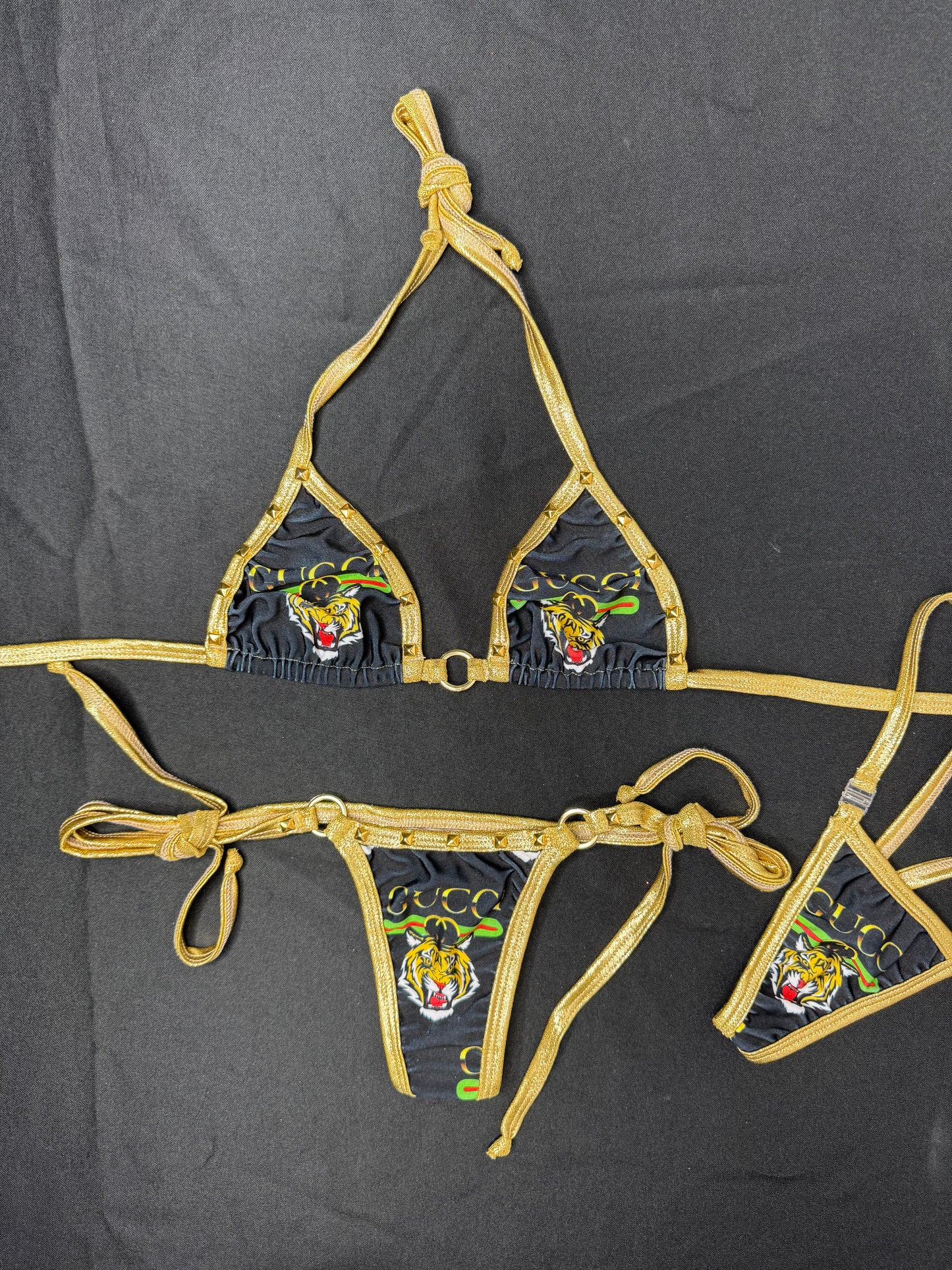 Gold/Designer Tiger Spandex Two-Piece Lingerie Outfit