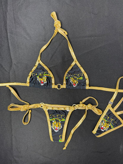 Gold/Designer Tiger Spandex Two-Piece Lingerie Outfit