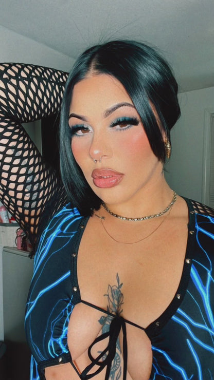 Blue Lightning/Black Fishnet One-Piece Bartender Romper Outfit
