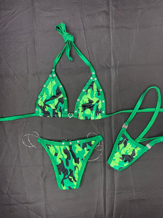 Green Camouflage Bikini Top/Silicone String Bottoms Two-Piece Lingerie Outfit