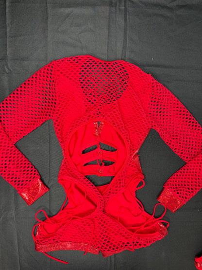 Metallic Red/Red Spandex Romper Lingerie Outfit