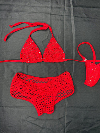Red Fishnet Bikini Top/Shorts Two-Piece Lingerie Outfit