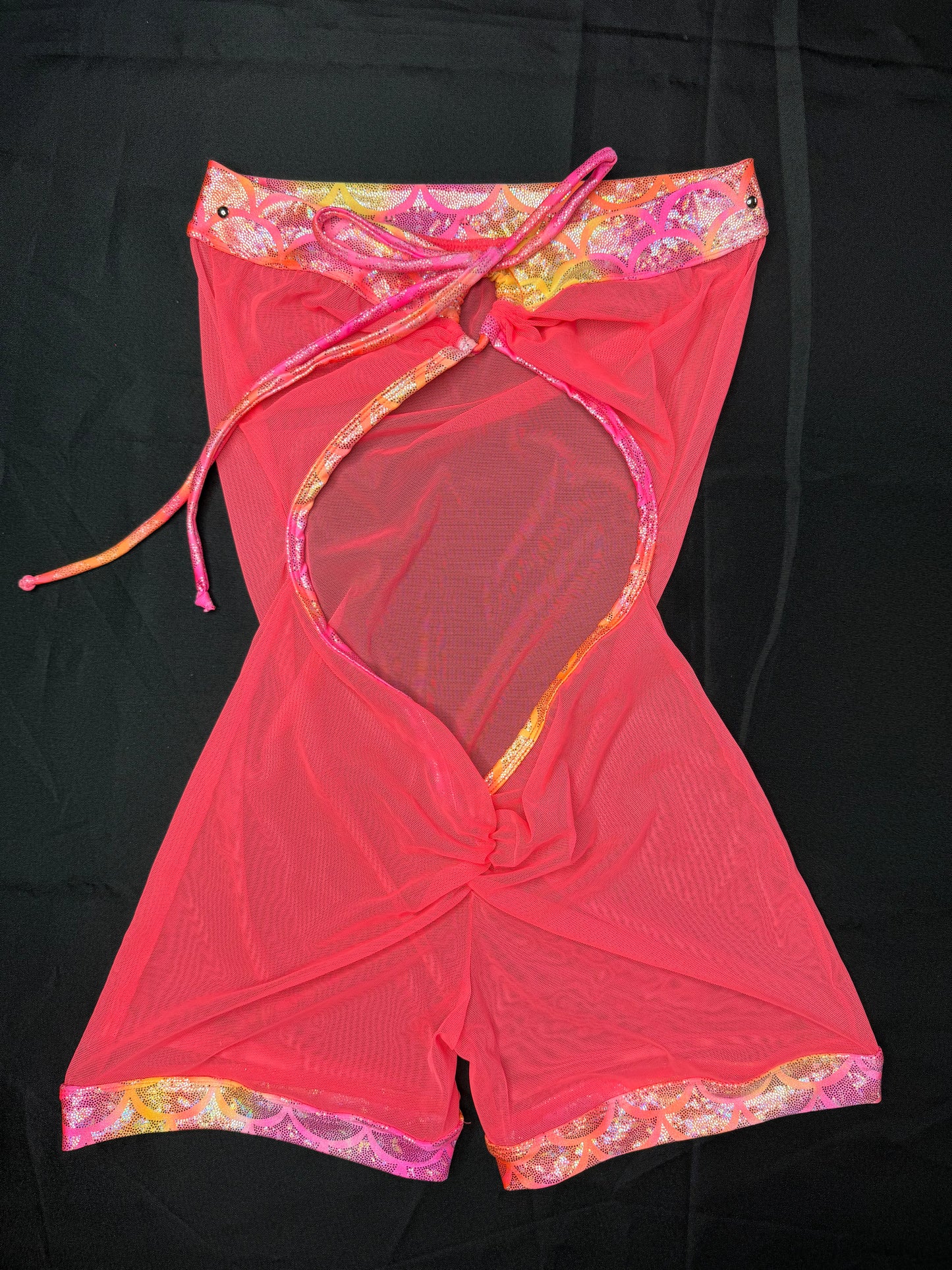 Bright Neon Coral/Hot Pink Mesh One-Piece Cheeky Thong Lingerie Outfit